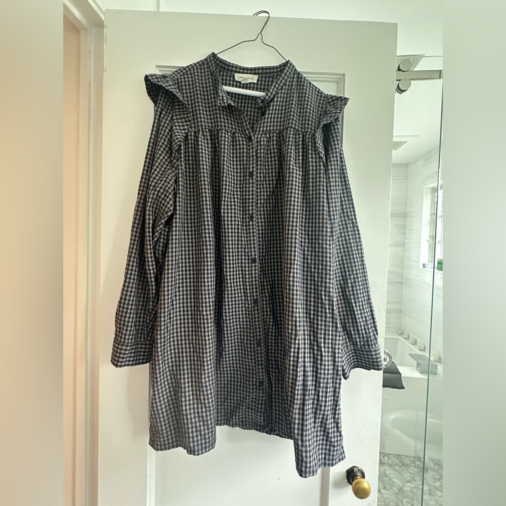 Treasure & Bond Blue Plaid Shift Dress with Pockets and Ruffle Detail